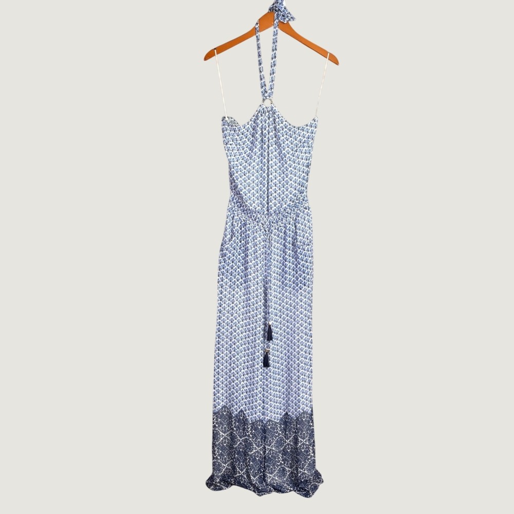 Tory Burch Baja Silk Halter Wide Leg Jumpsuit Blue White Floral Tassels M Boho